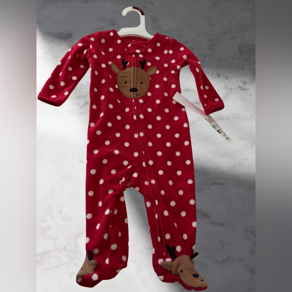 Carters Red Polka Dot Reindeer Footed Pajamas Size 6 Months.